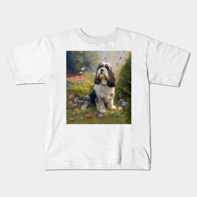 Petit Bassett Griffon Vendeen Dog in Flower Garden Kids T-Shirt by candiscamera